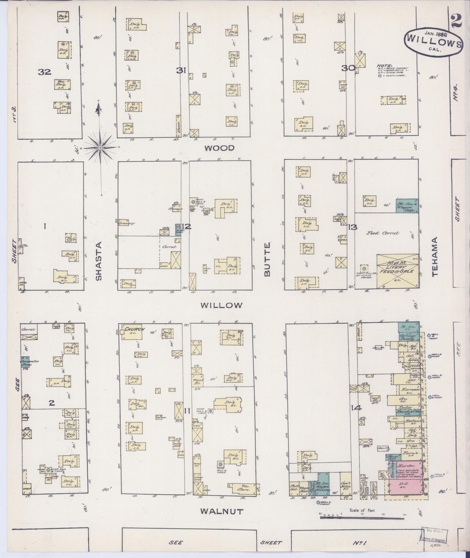 Sanborn Fire Insurance Map from Willows, Glenn County, California (1886), Sheet #0002 - Complete Map Set gallery image, historic Sanborn map, vintage wall art, California California