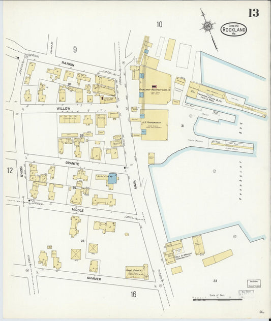 Sanborn Fire Insurance Map from Rockland, Knox County, Maine (1912), Sheet #0013 - Historic Sanborn Fire Insurance Map Print, vintage old map wall art, antique decor, genealogy gift, Maine Maine map