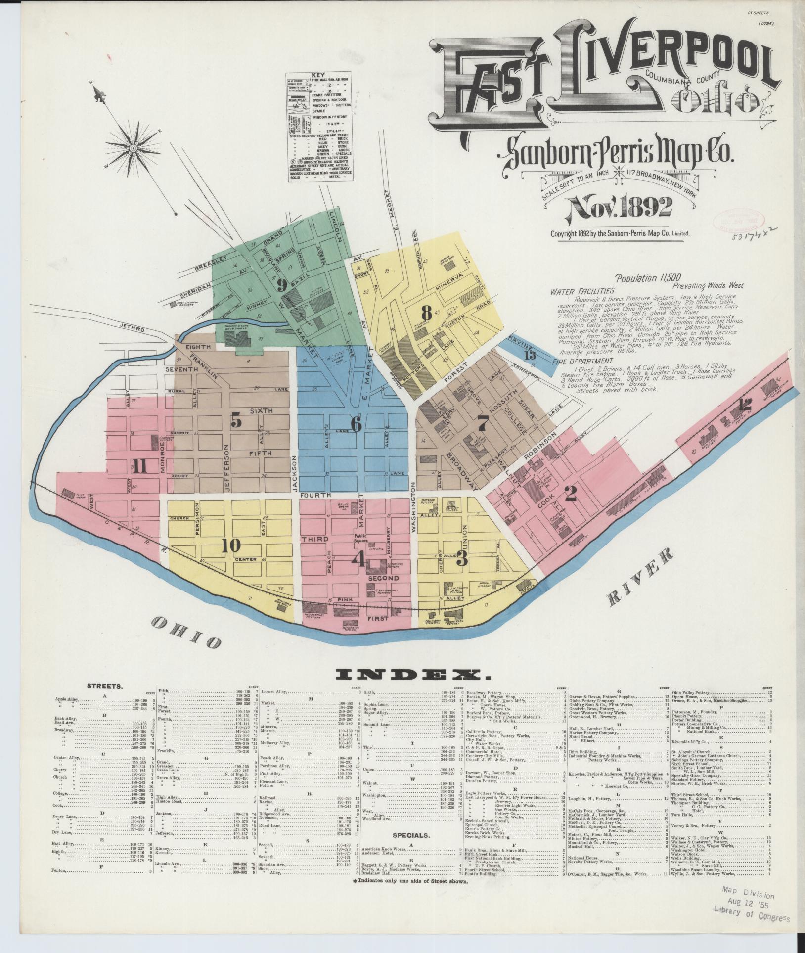 Sanborn Fire Insurance Map from East Liverpool, Columbiana County, Ohio (1892), Sheet #0001 - Complete Map Set gallery image, historic Sanborn map, vintage wall art, Ohio Ohio