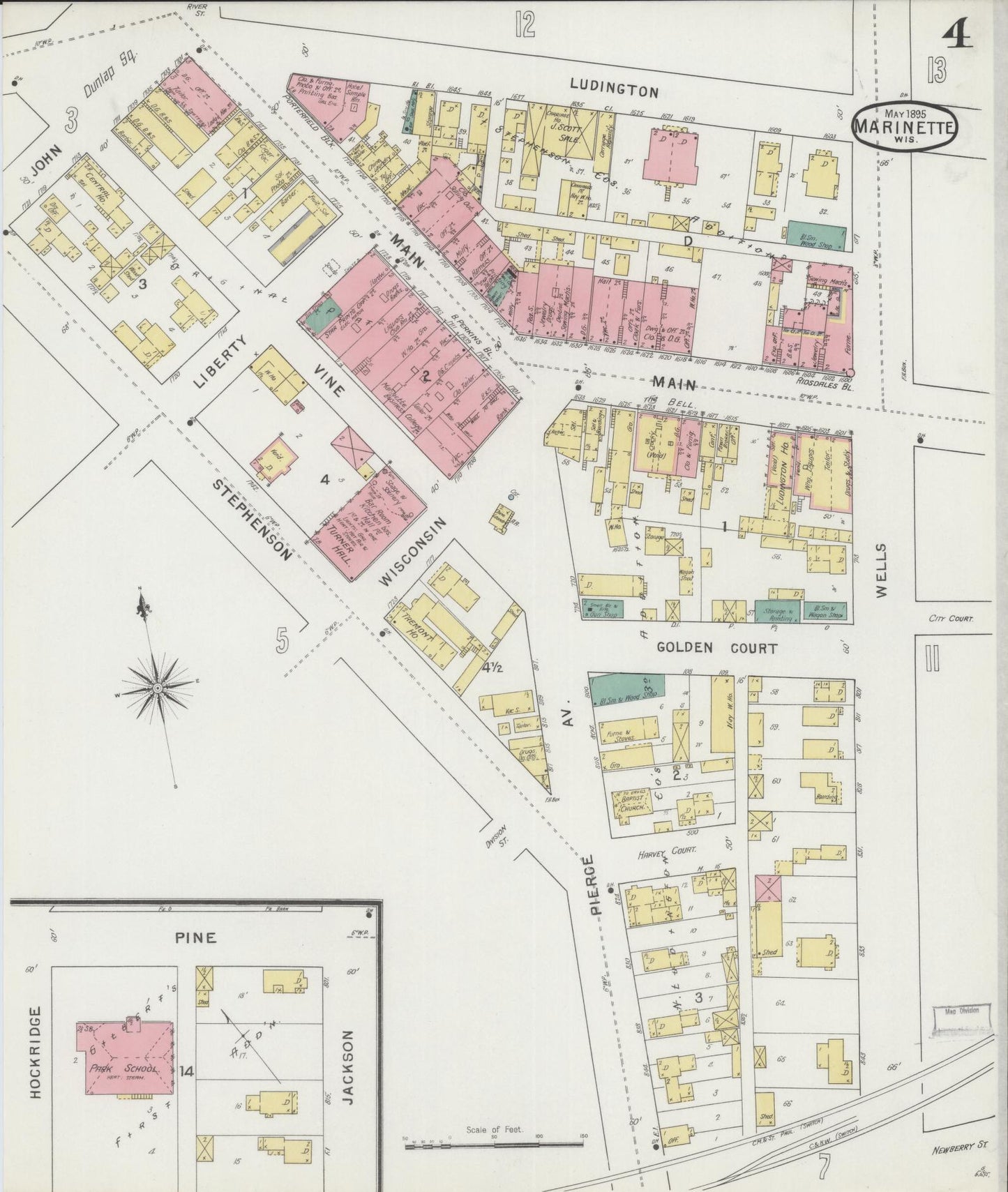 Sanborn Fire Insurance Map from Marinette, Marinette County, Wisconsin (1895), Sheet #0004 - Historic Sanborn Fire Insurance Map Print, vintage old map wall art, antique decor, genealogy gift, Wisconsin Wisconsin map