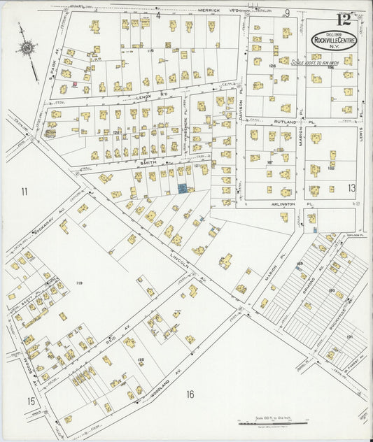 Sanborn Fire Insurance Map from Rockville Centre, Nassau County, New York (1919), Sheet #0012 - Historic Sanborn Fire Insurance Map Print, vintage old map wall art, antique decor, genealogy gift, New York New York map
