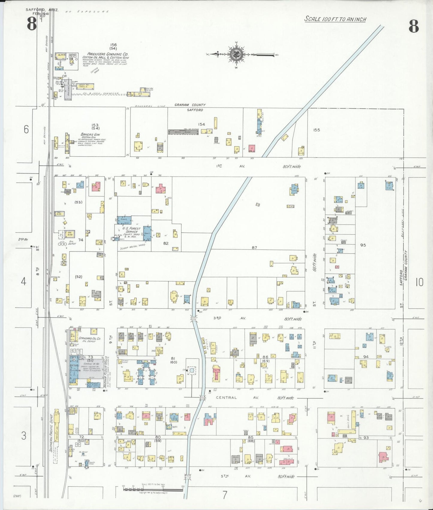 Sanborn Fire Insurance Map from Safford, Graham County, Arizona (1941), Sheet #0008 - Complete Map Set gallery image, historic Sanborn map, vintage wall art, Arizona Arizona