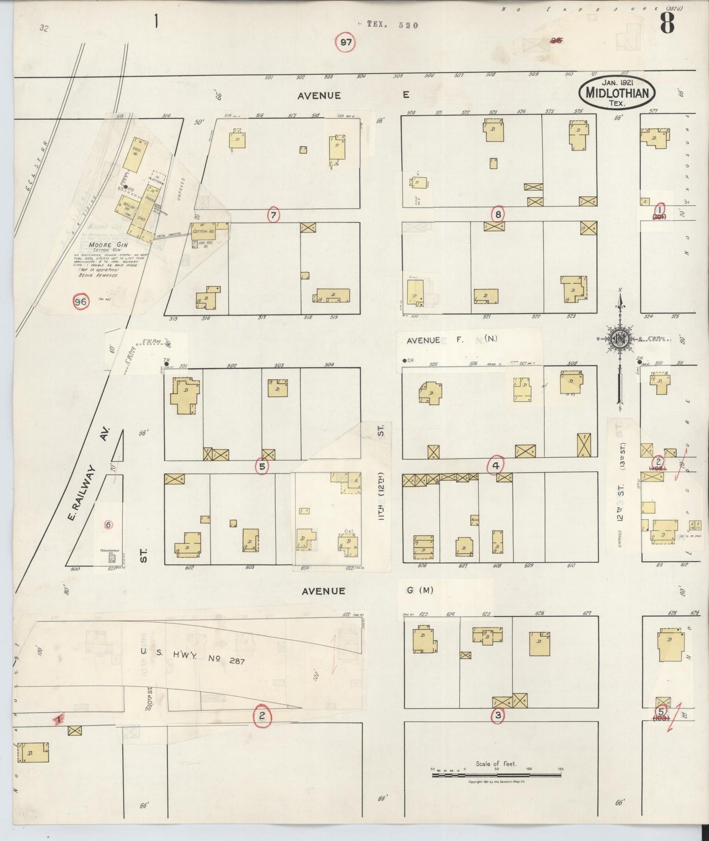 Sanborn Fire Insurance Map from Midlothian, Ellis County, Texas (1944), Sheet #0008 - Historic Sanborn Fire Insurance Map Print, vintage old map wall art, antique decor, genealogy gift, Texas Texas map