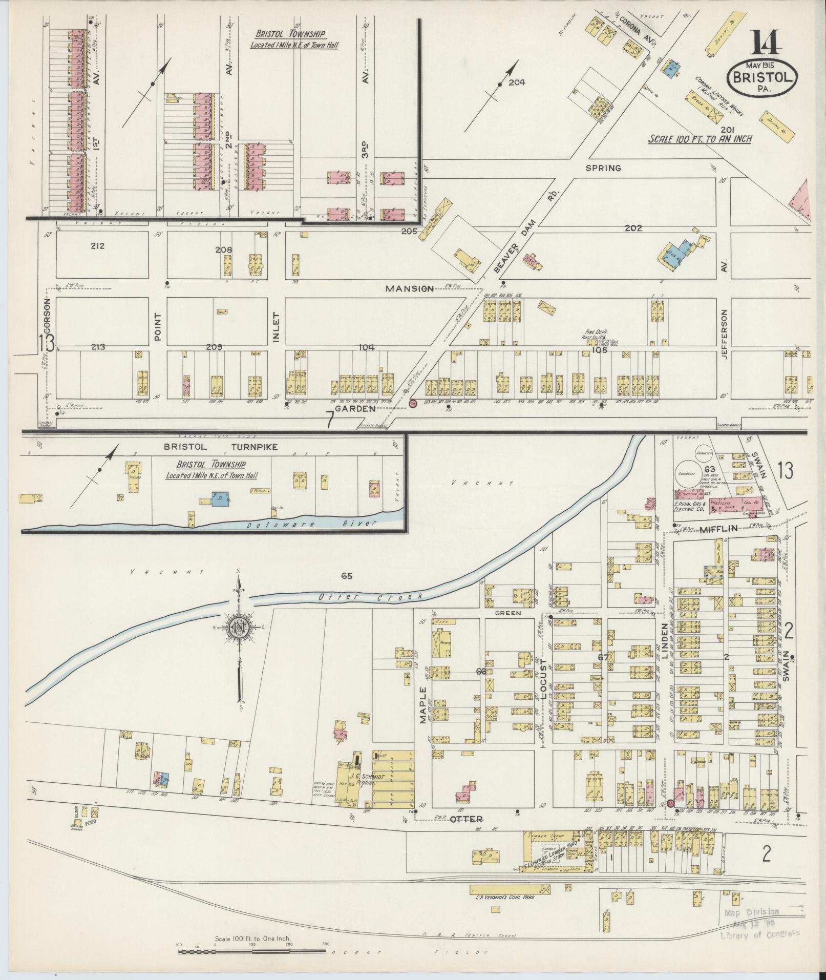 Sanborn Fire Insurance Map from Bristol, Bucks County, Pennsylvania (1915), Sheet #0014 - Historic Sanborn Fire Insurance Map Print, vintage old map wall art, antique decor, genealogy gift, Pennsylvania Pennsylvania map