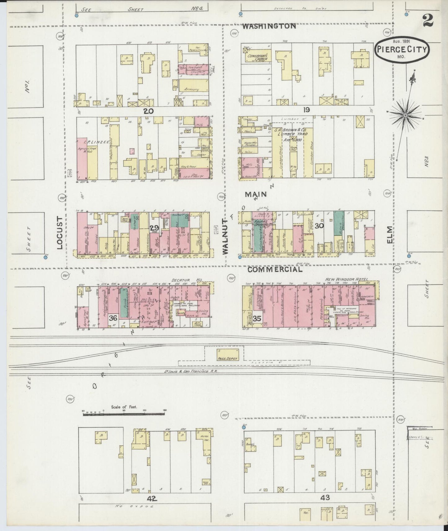 Sanborn Fire Insurance Map from Pierce City, Lawrence County, Missouri (1891), Sheet #0002 - Historic Sanborn Fire Insurance Map Print, vintage old map wall art, antique decor, genealogy gift, Missouri Missouri map