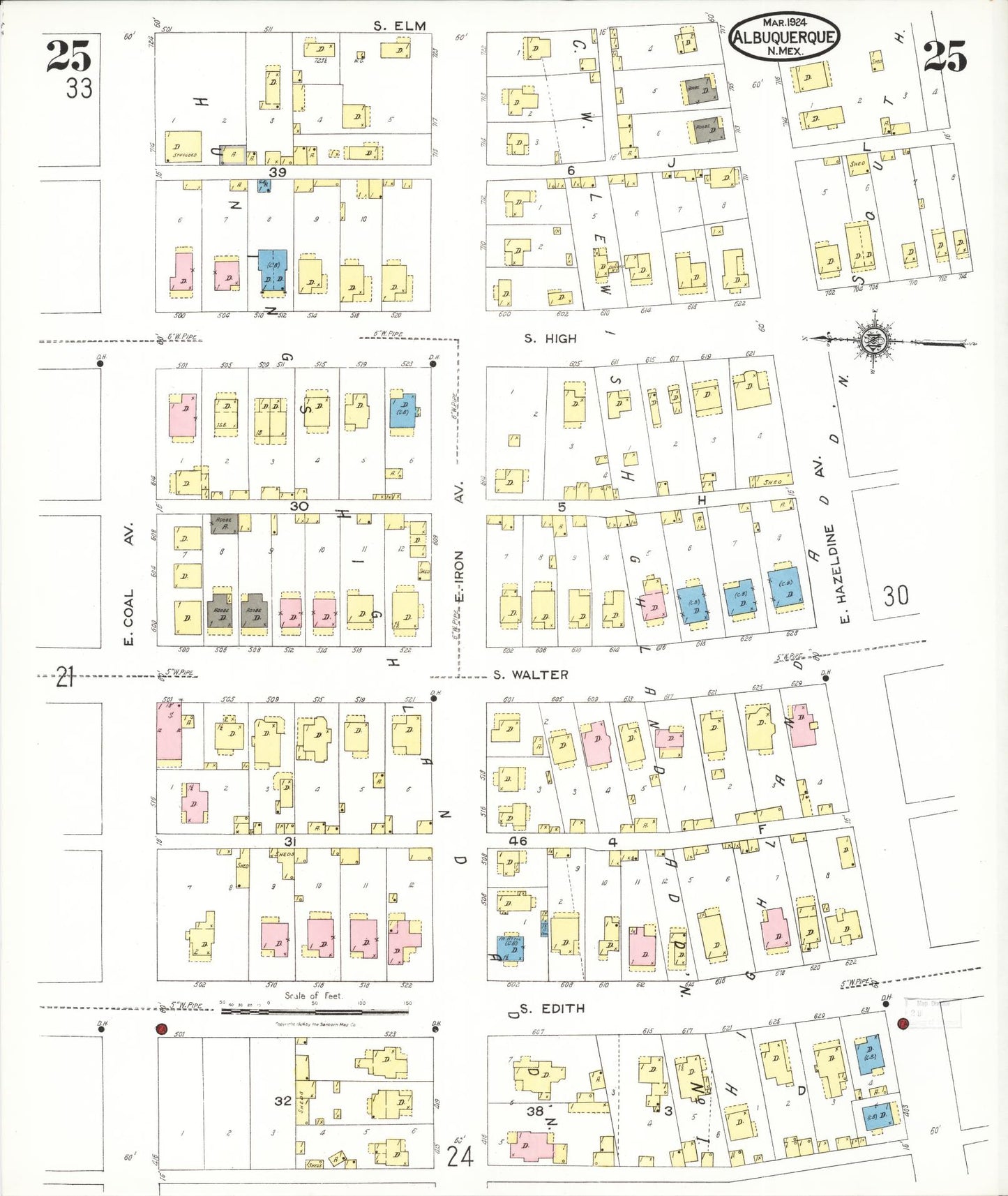 Sanborn Fire Insurance Map from Albuquerque, Bernalillo County, New Mexico (1924), Sheet #0025 - Historic Sanborn Fire Insurance Map Print, vintage old map wall art, antique decor, genealogy gift, New Mexico New Mexico map