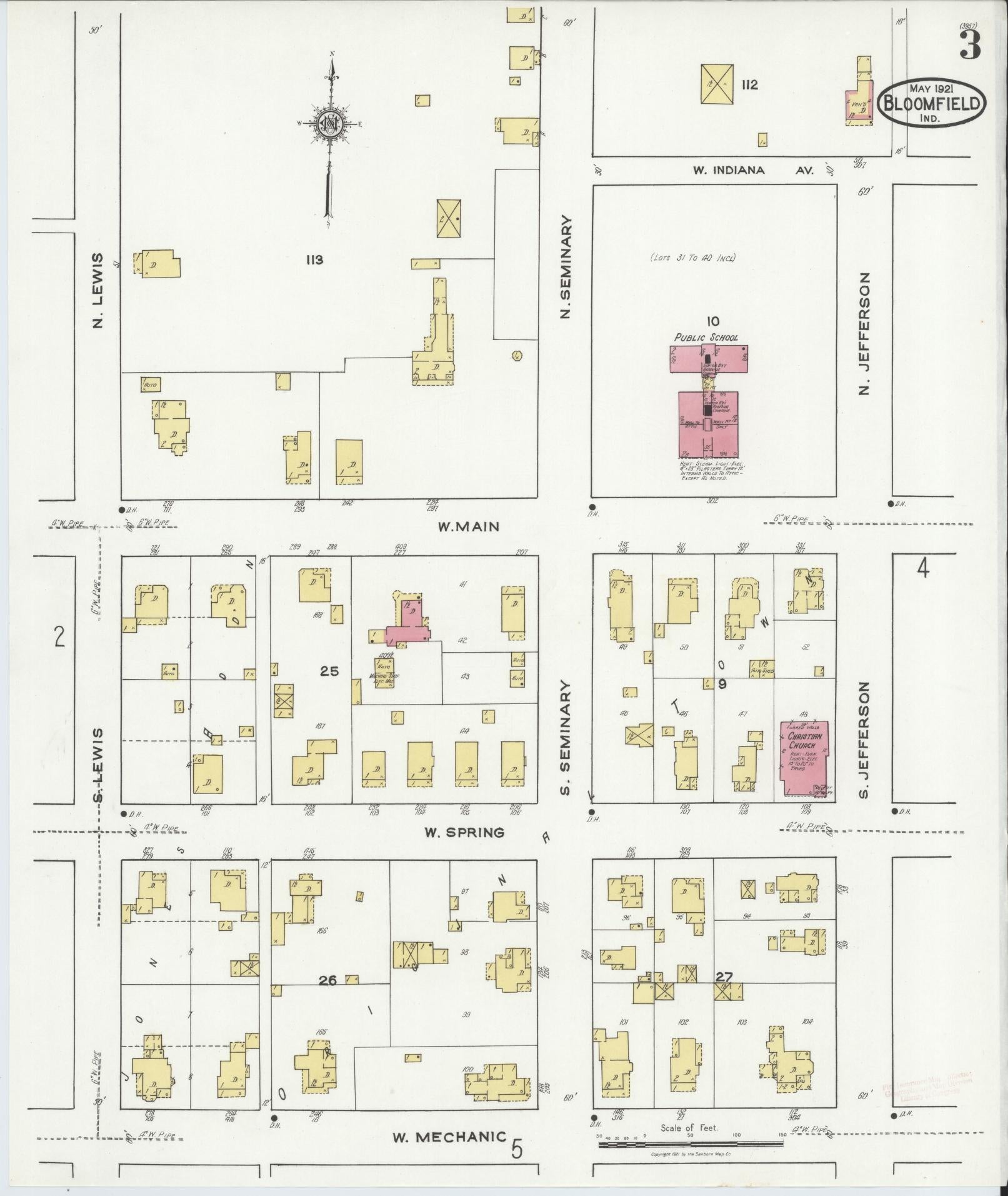 Sanborn Fire Insurance Map from Bloomfield, Greene County, Indiana (1921), Sheet #0003 - Complete Map Set gallery image, historic Sanborn map, vintage wall art, Indiana Indiana