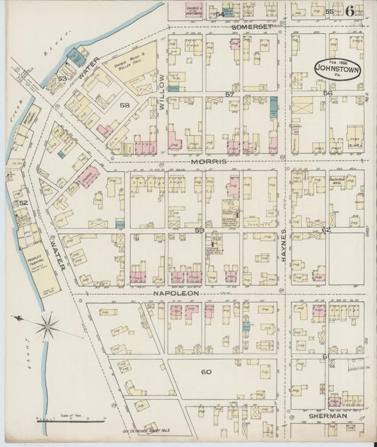 Sanborn Fire Insurance Map from Johnstown, Cambria County, Pennsylvania (1886), Sheet #0006 - Historic Sanborn Fire Insurance Map Print, vintage old map wall art, antique decor, genealogy gift, Pennsylvania Pennsylvania map