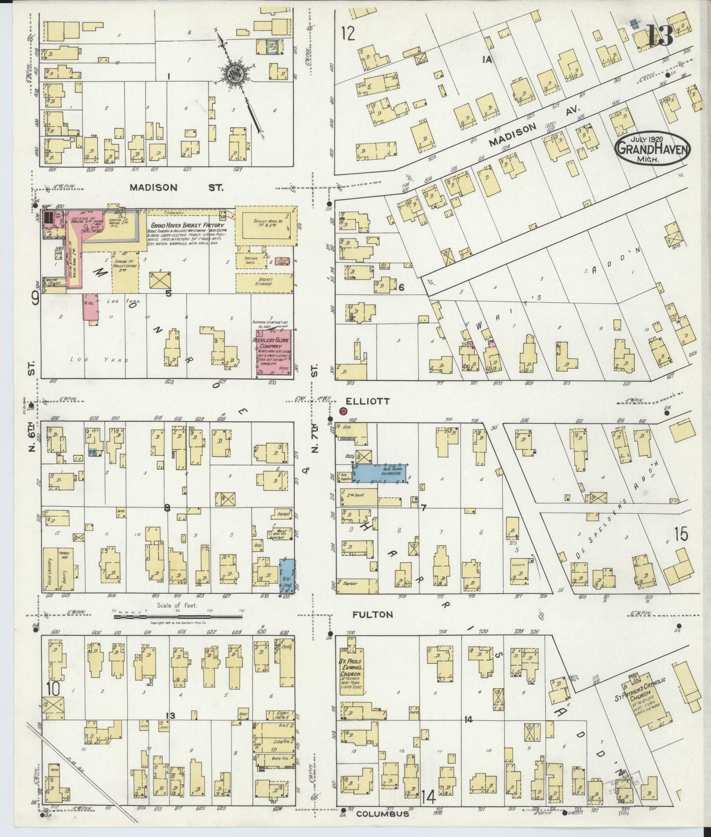Sanborn Fire Insurance Map from Grand Haven, Ottawa County, Michigan (1920), Sheet #0013 - Historic Sanborn Fire Insurance Map Print, vintage old map wall art, antique decor, genealogy gift, Michigan Michigan map