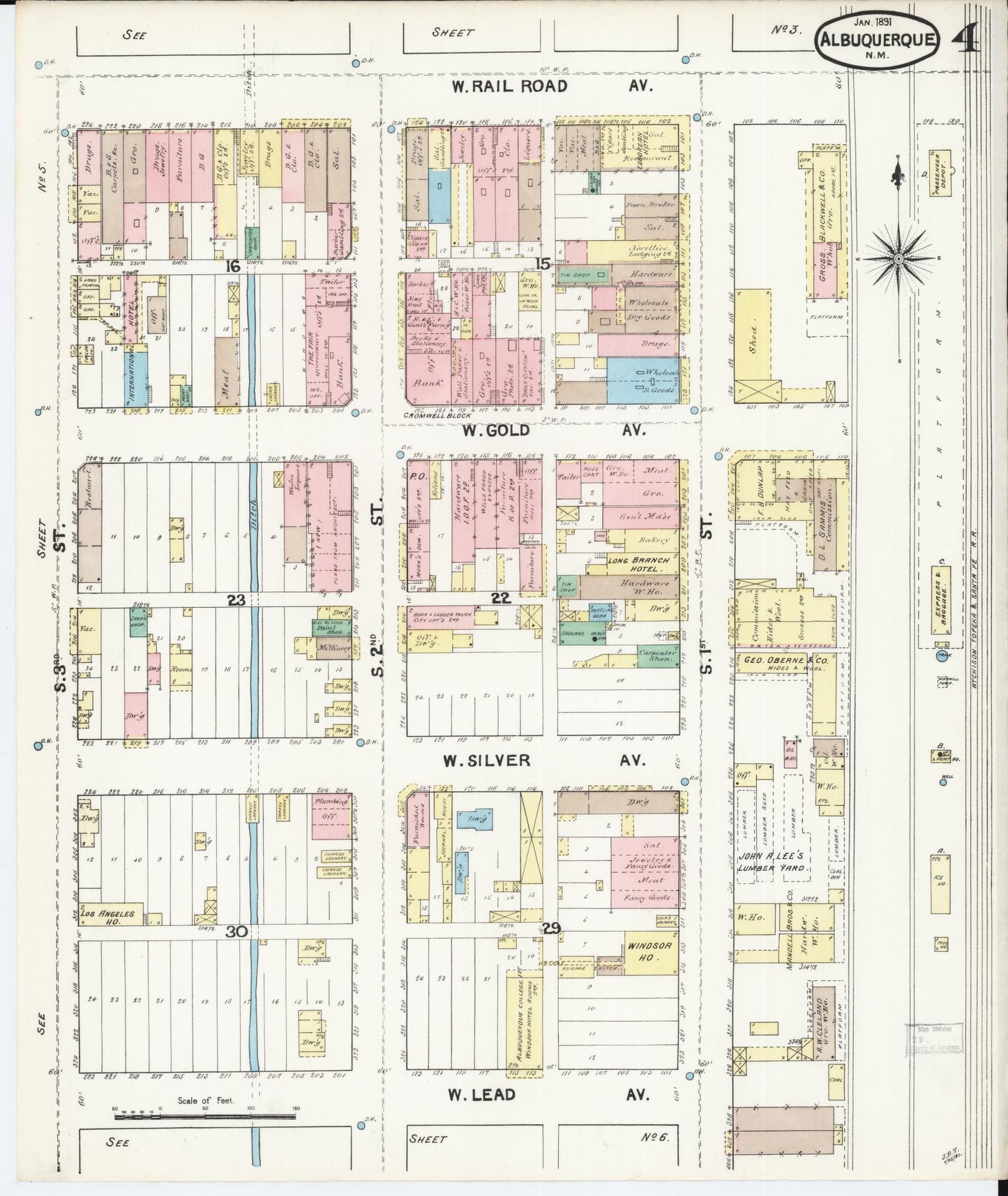 Sanborn Fire Insurance Map from Albuquerque, Bernalillo County, New Mexico (1891), Sheet #0004 - Complete Map Set gallery image, historic Sanborn map, vintage wall art, New Mexico New Mexico