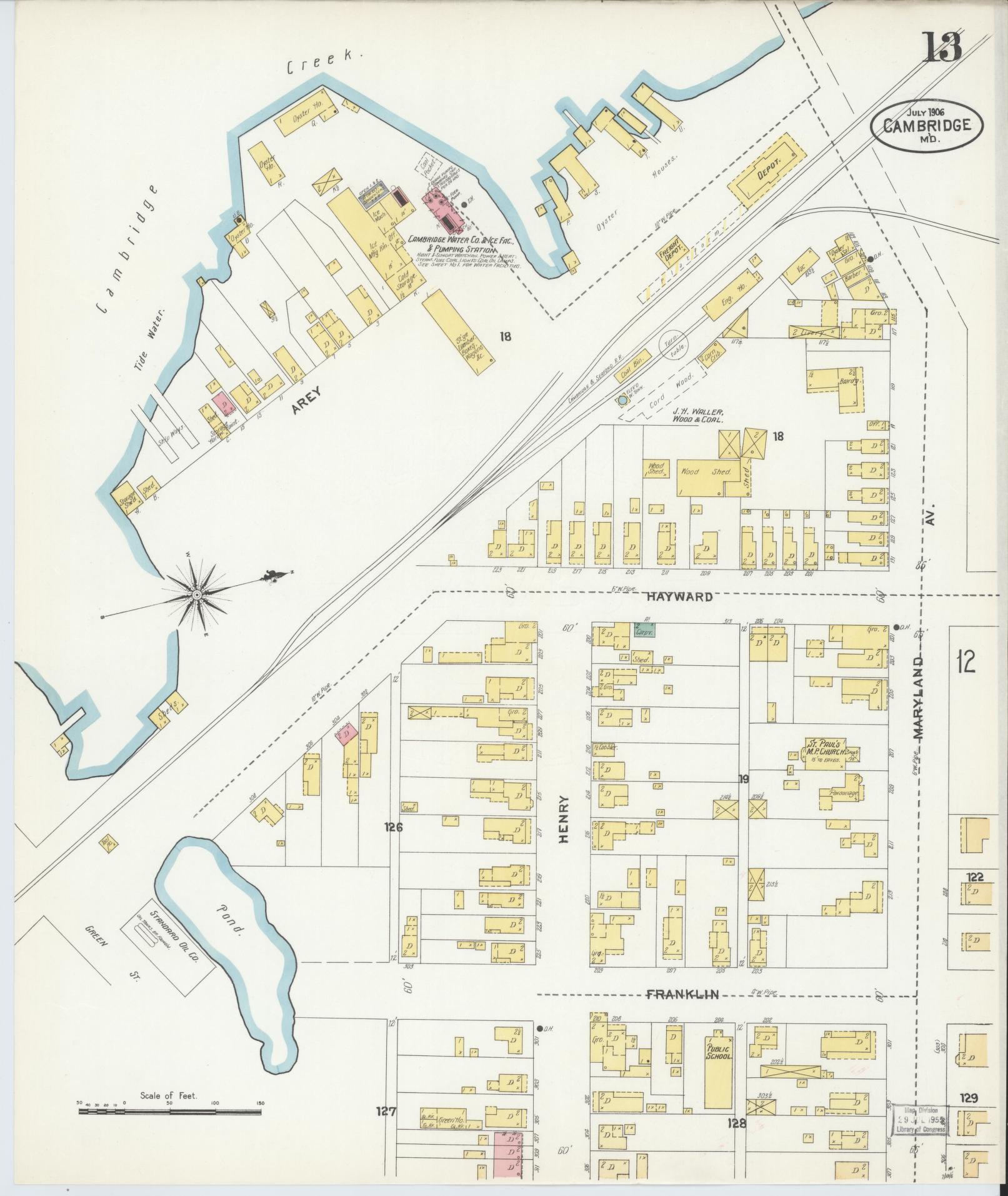 Dorchester, Maryland - 1906 - Sanborn Fire Insurance Map, Sheet #0013 - Historic Sanborn Fire Insurance Map Print, Dorchester Maryland 1906 0013 vintage old map wall art