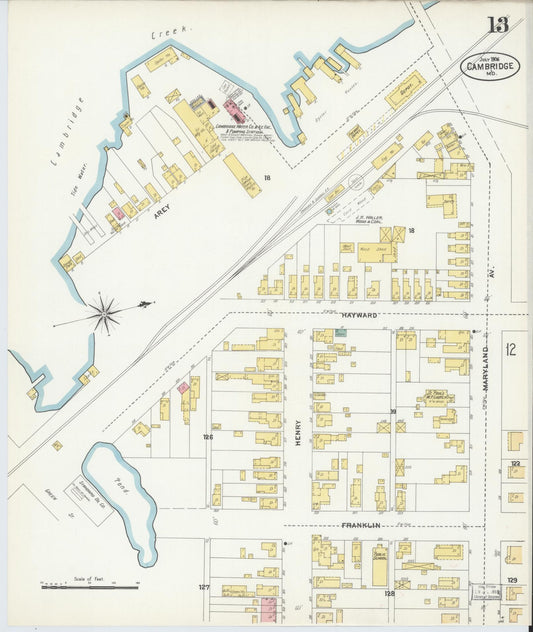 Dorchester, Maryland - 1906 - Sanborn Fire Insurance Map, Sheet #0013 - Historic Sanborn Fire Insurance Map Print, Dorchester Maryland 1906 0013 vintage old map wall art