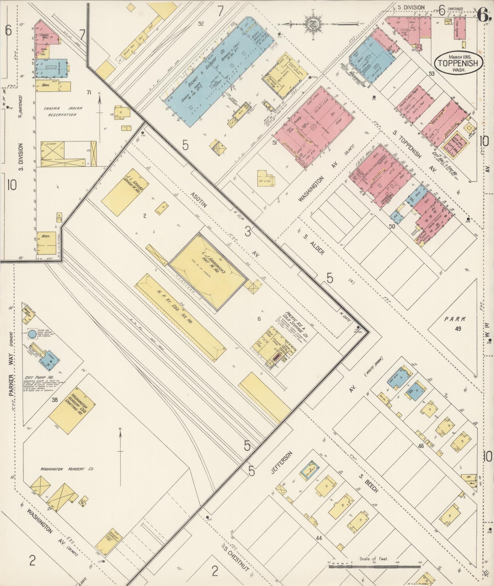 Sanborn Fire Insurance Map from Toppenish, Yakima County, Washington (1915), Sheet #0006 - Complete Map Set gallery image, historic Sanborn map, vintage wall art, Washington Washington
