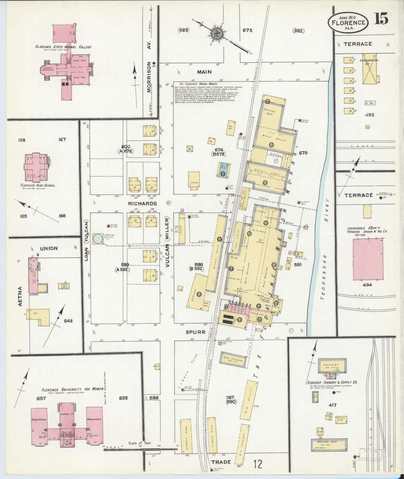 Sanborn Fire Insurance Map from Florence, Lauderdale County, Alabama (1910), Sheet #0015 - Complete Map Set gallery image, historic Sanborn map, vintage wall art, Alabama Alabama