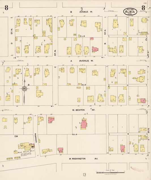 Sanborn Fire Insurance Map from Albia, Monroe County, Iowa (1922), Sheet #0008 - Historic Sanborn Fire Insurance Map Print, vintage old map wall art