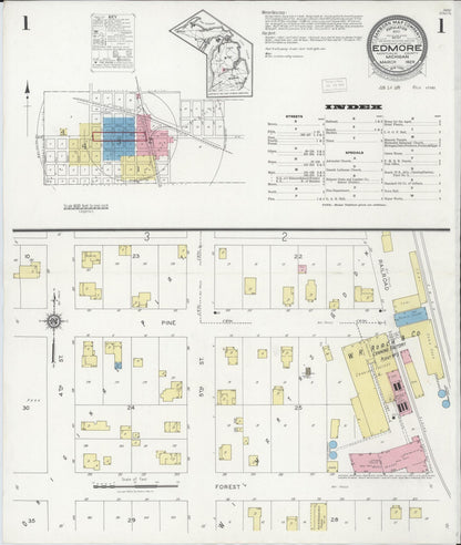 Sanborn Fire Insurance Map from Edmore, Montcalm County, Michigan (1929), Sheet #0001 - Complete Map Set gallery image, historic Sanborn map, vintage wall art, Michigan Michigan