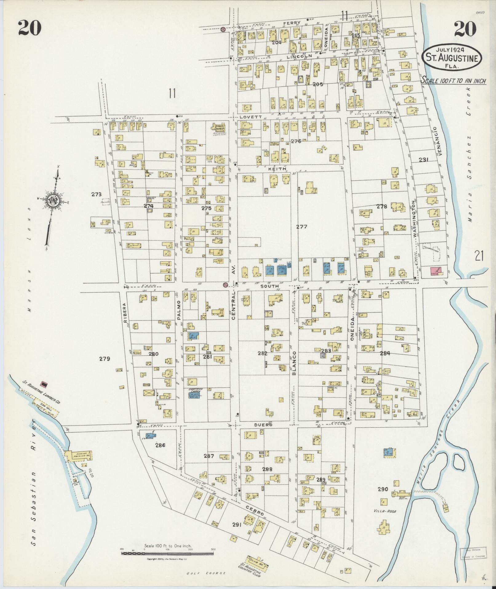 Sanborn Fire Insurance Map from Saint Augustine, Saint John's County, Florida (1924), Sheet #0020 - Complete Map Set gallery image, historic Sanborn map, vintage wall art, Florida Florida