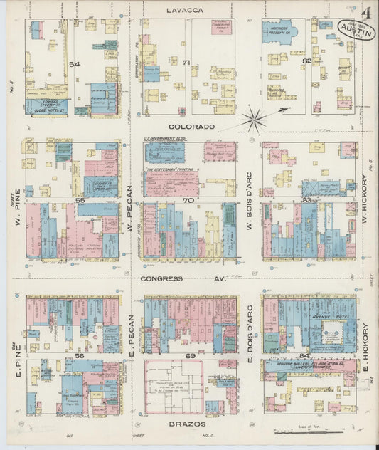 Sanborn Fire Insurance Map from Austin, Travis County, Texas (1885), Sheet #0004 - Historic Sanborn Fire Insurance Map Print, vintage old map wall art, antique decor, genealogy gift, Texas Texas map