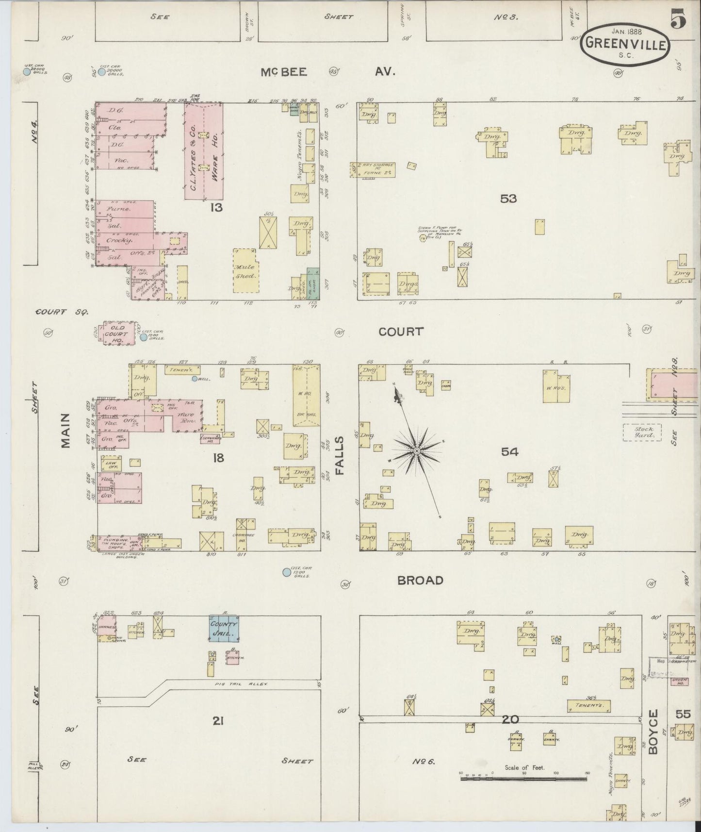 Sanborn Fire Insurance Map from Greenville, Greenville County, South Carolina (1888), Sheet #0005 - Complete Map Set gallery image, historic Sanborn map, vintage wall art, South Carolina South Carolina
