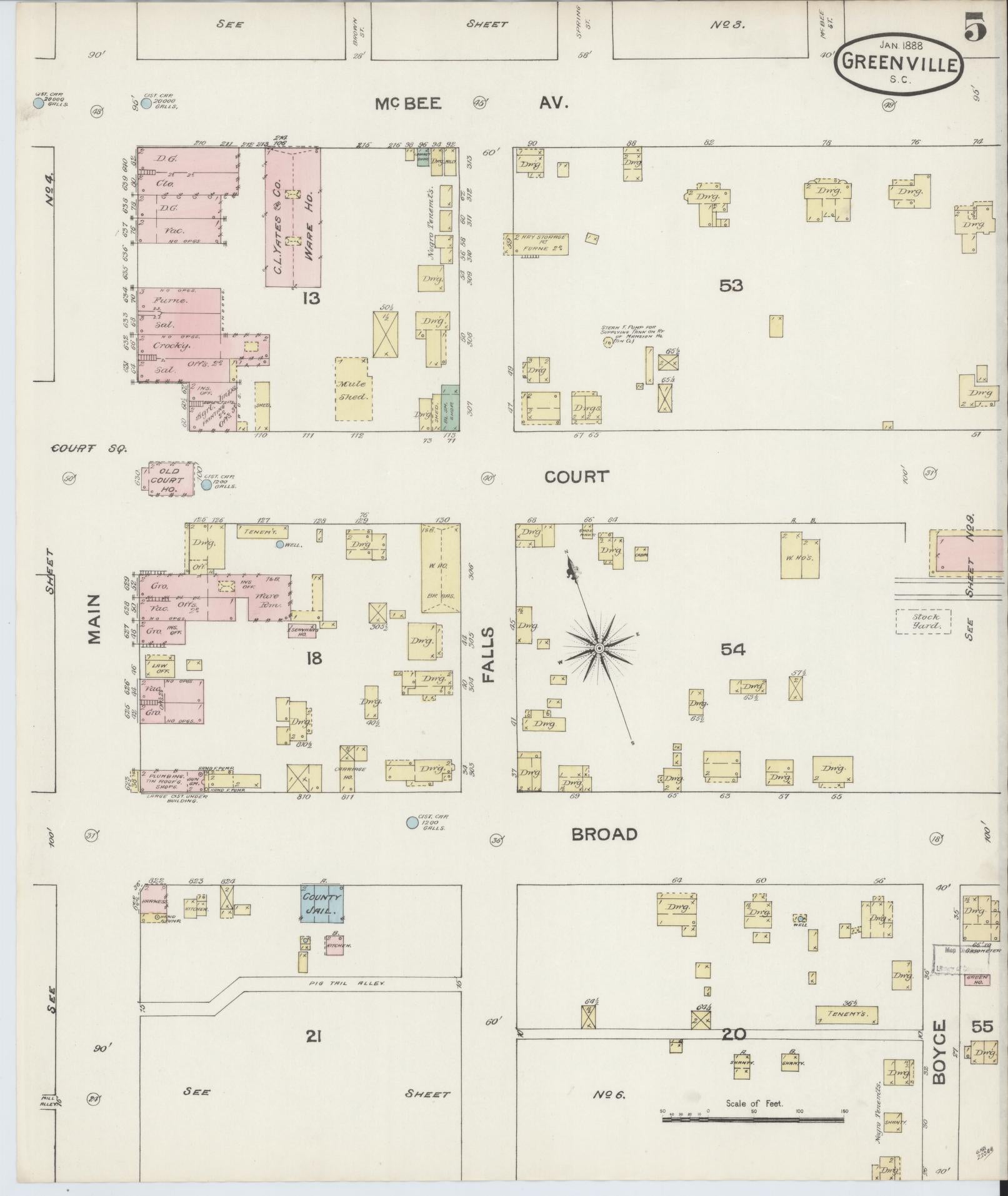 Sanborn Fire Insurance Map from Greenville, Greenville County, South Carolina (1888), Sheet #0005 - Complete Map Set gallery image, historic Sanborn map, vintage wall art, South Carolina South Carolina