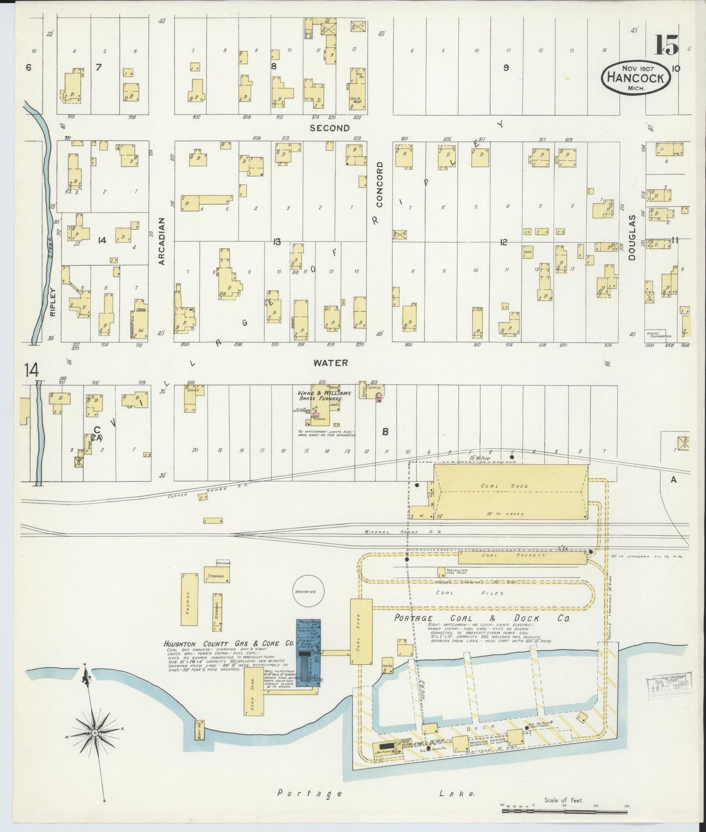 Sanborn Fire Insurance Map from Hancock, Houghton County, Michigan (1907), Sheet #0015 - Historic Sanborn Fire Insurance Map Print, vintage old map wall art, antique decor, genealogy gift, Michigan Michigan map