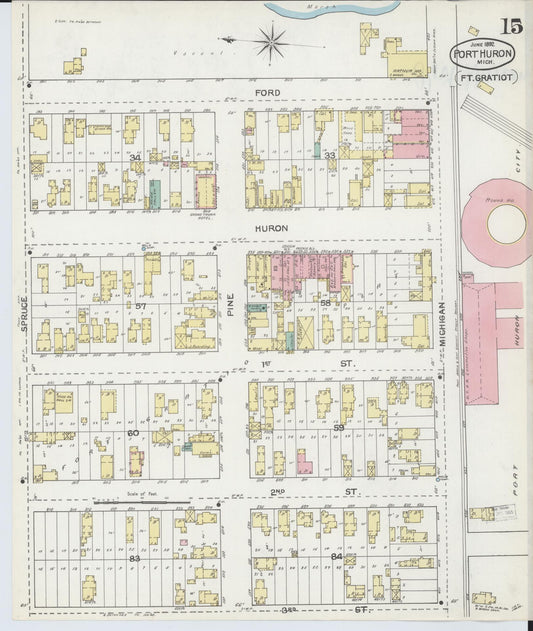 Sanborn Fire Insurance Map from Port Huron, Saint Clair County, Michigan (1892), Sheet #0015 - Historic Sanborn Fire Insurance Map Print, vintage old map wall art, antique decor, genealogy gift, Michigan Michigan map