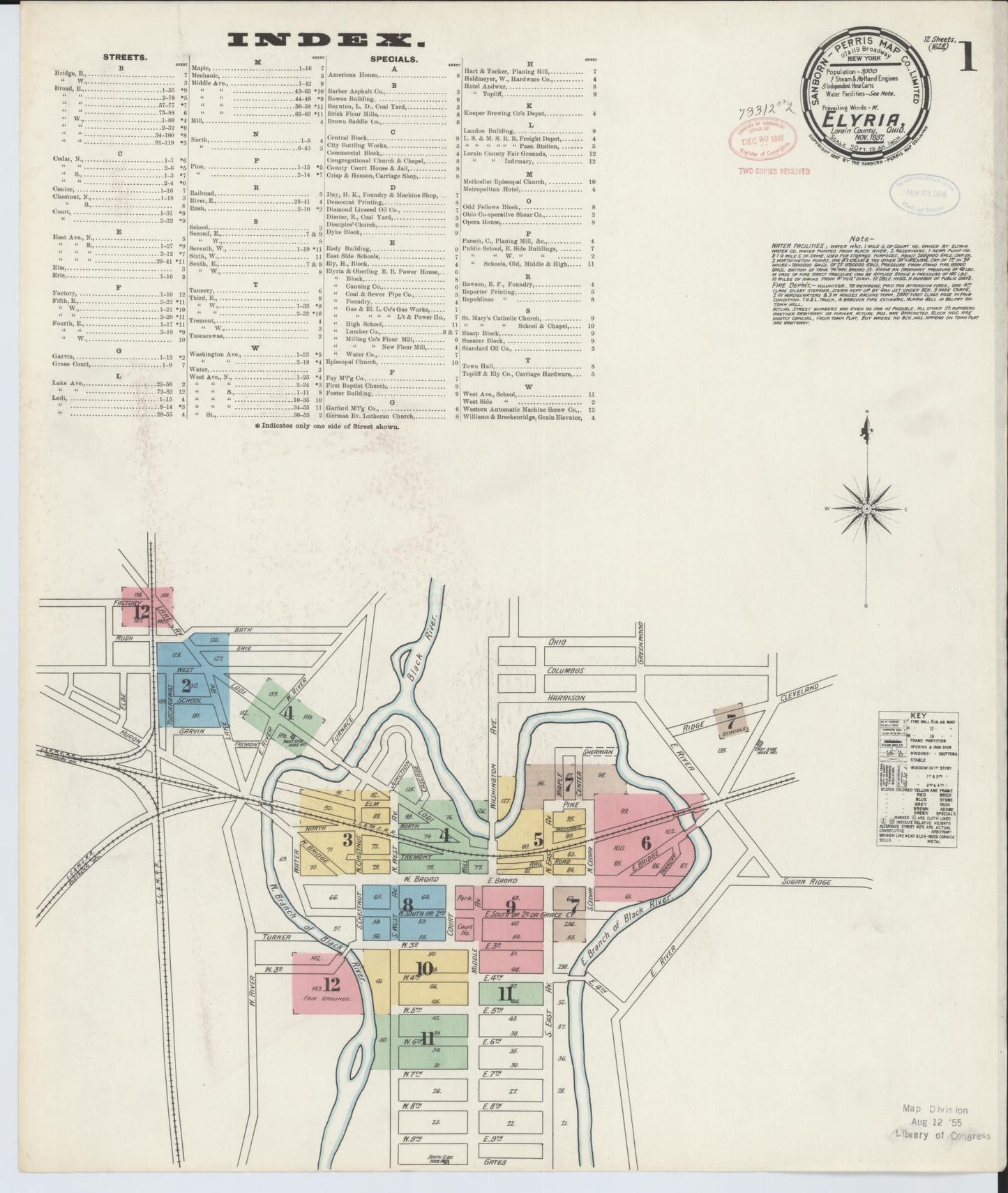 Sanborn Fire Insurance Map from Elyria, Lorain County, Ohio (1897), Sheet #0001 - Historic Sanborn Fire Insurance Map Print, vintage old map wall art, antique decor, genealogy gift, Ohio Ohio map