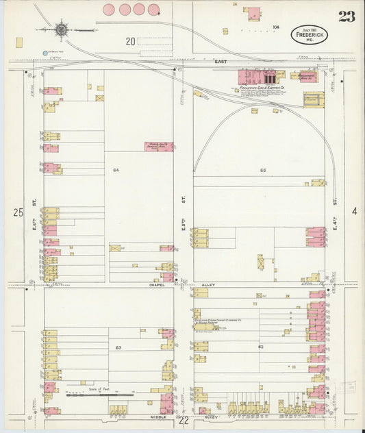 Sanborn Fire Insurance Map from Frederick, Frederick County, Maryland (1911), Sheet #0023 - Historic Sanborn Fire Insurance Map Print, vintage old map wall art