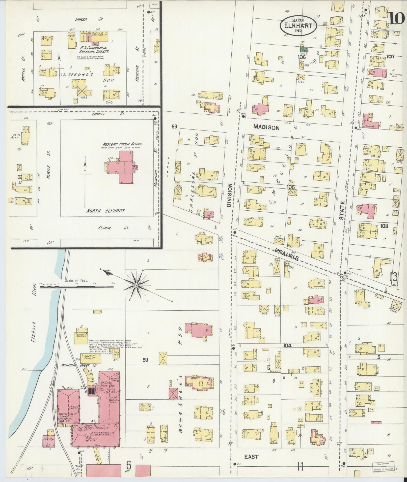Sanborn Fire Insurance Map from Elkhart, Elkhart County, Indiana (1901), Sheet #0010 - Complete Map Set gallery image, historic Sanborn map, vintage wall art, Indiana Indiana
