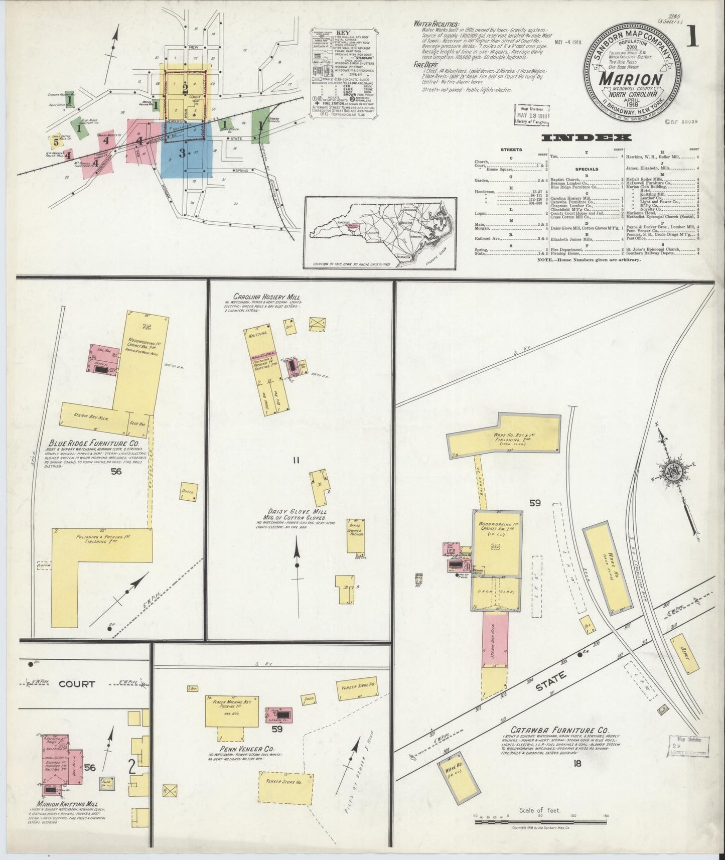 Sanborn Fire Insurance Map from Marion, Mcdowell County, North Carolina (1918), Sheet #0001 - Historic Sanborn Fire Insurance Map Print, vintage old map wall art, antique decor, genealogy gift, North Carolina North Carolina map