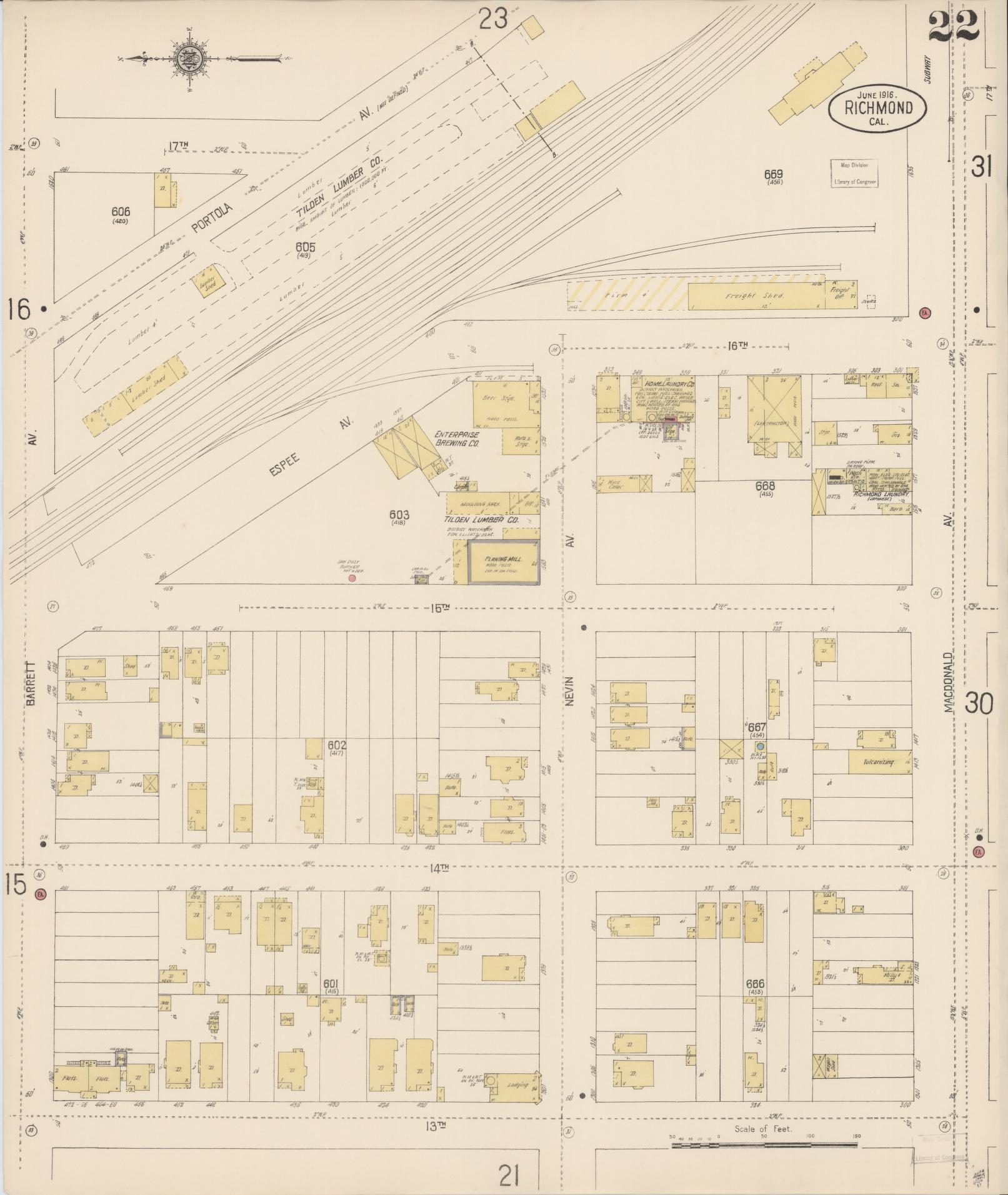 Sanborn Fire Insurance Map from Richmond, Contra Costa County, California (1916), Sheet #0022 - Complete Map Set gallery image, historic Sanborn map, vintage wall art, California California
