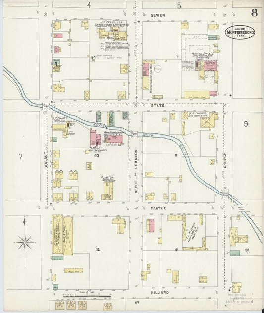 Sanborn Fire Insurance Map from Murfreesboro, Rutherford County, Tennessee (1897), Sheet #0008 - Historic Sanborn Fire Insurance Map Print, vintage old map wall art, antique decor, genealogy gift, Tennessee Tennessee map