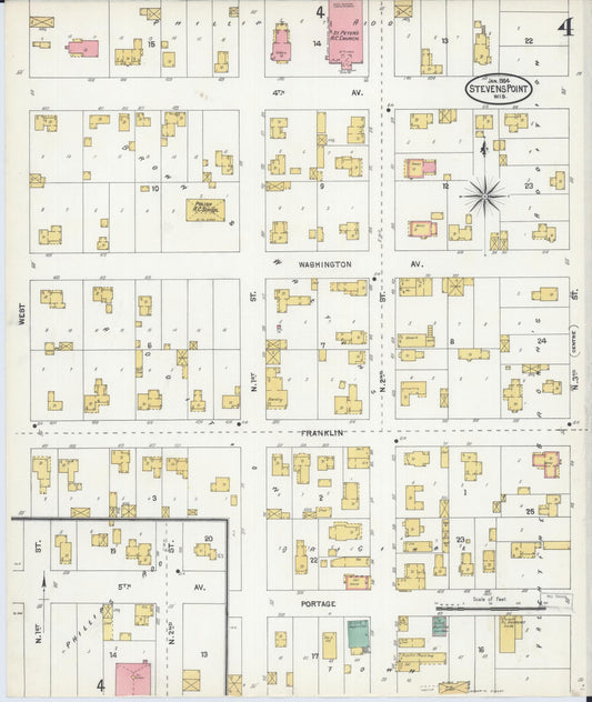 Sanborn Fire Insurance Map from Stevens Point, Portage County, Wisconsin (1904), Sheet #0004 - Historic Sanborn Fire Insurance Map Print, vintage old map wall art, antique decor, genealogy gift, Wisconsin Wisconsin map