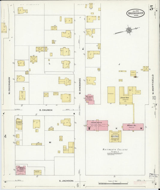 Sanborn Fire Insurance Map from Brookhaven, Lincoln County, Mississippi (1910), Sheet #0005 - Historic Sanborn Fire Insurance Map Print, vintage old map wall art, antique decor, genealogy gift, Mississippi Mississippi map