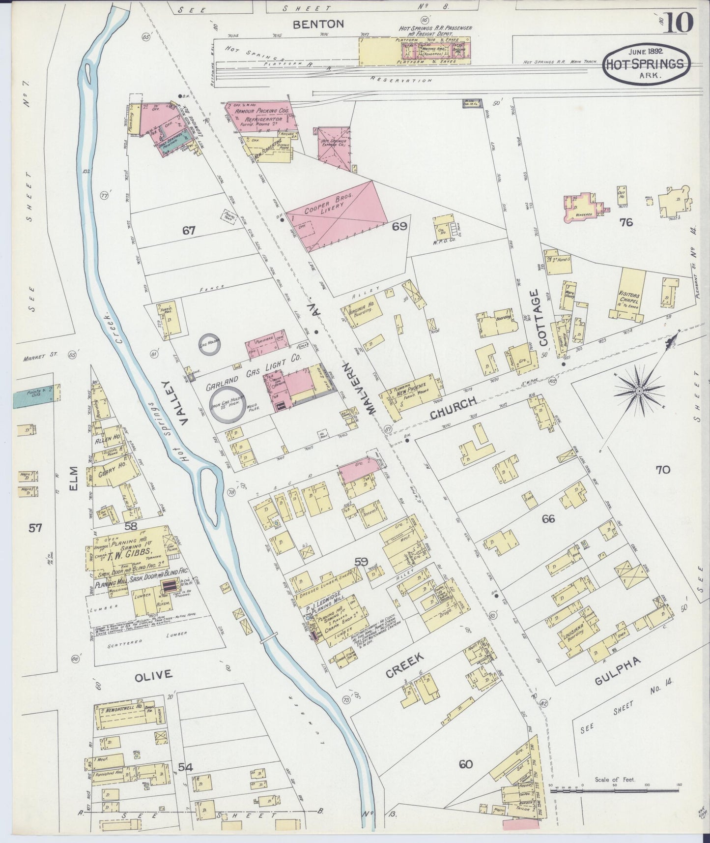 Sanborn Fire Insurance Map from Hot Springs, Garland County, Arkansas (1892), Sheet #0010 - Complete Map Set gallery image, historic Sanborn map, vintage wall art, Arkansas Arkansas