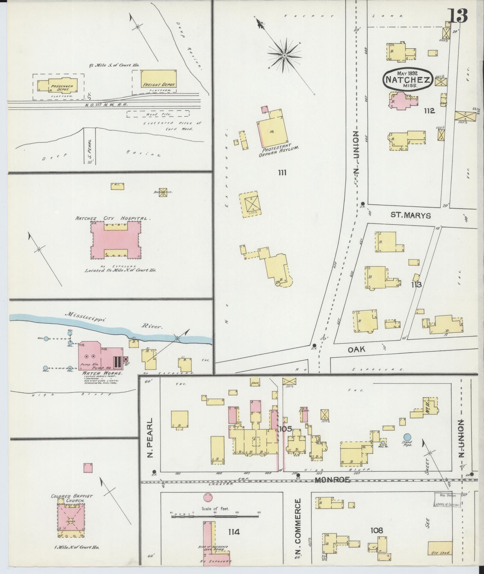 Sanborn Fire Insurance Map from Natchez, Adams County, Mississippi (1892), Sheet #0013 - Historic Sanborn Fire Insurance Map Print, vintage old map wall art, antique decor, genealogy gift, Mississippi Mississippi map