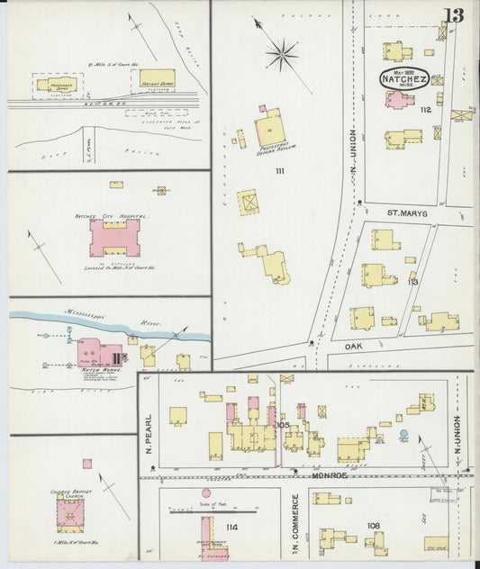 Sanborn Fire Insurance Map from Natchez, Adams County, Mississippi (1892), Sheet #0013 - Historic Sanborn Fire Insurance Map Print, vintage old map wall art, antique decor, genealogy gift, Mississippi Mississippi map