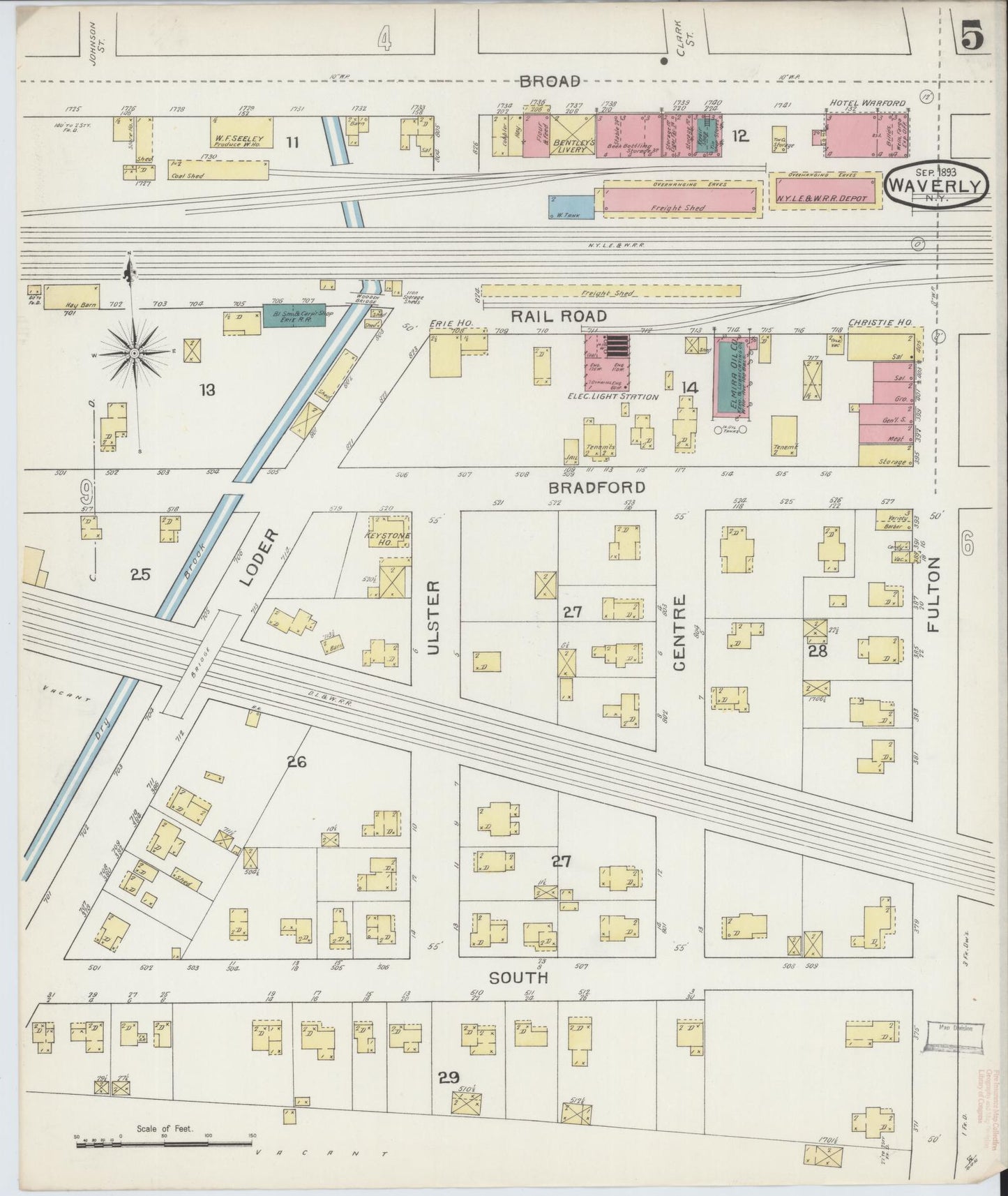 Sanborn Fire Insurance Map from Waverly, Tioga County, New York (1893), Sheet #0005 - Historic Sanborn Fire Insurance Map Print, vintage old map wall art, antique decor, genealogy gift, New York New York map