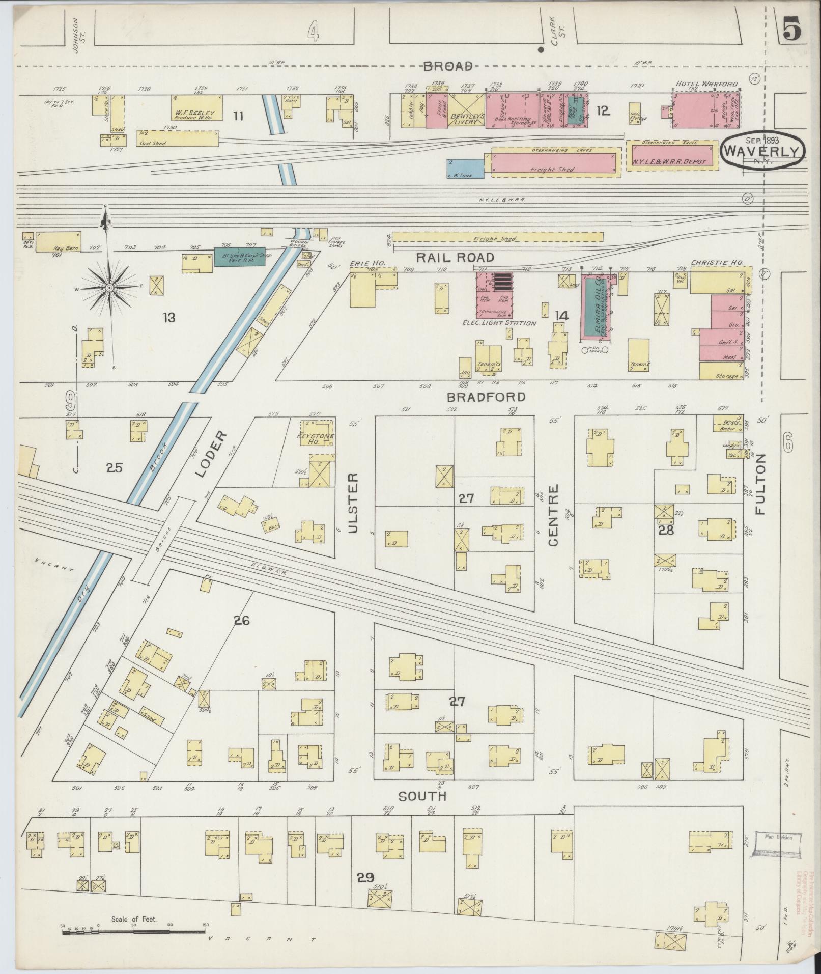 Sanborn Fire Insurance Map from Waverly, Tioga County, New York (1893), Sheet #0005 - Historic Sanborn Fire Insurance Map Print, vintage old map wall art, antique decor, genealogy gift, New York New York map