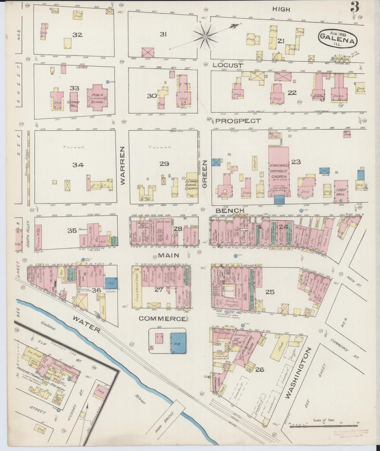 Sanborn Fire Insurance Map from Galena, Jo Daviess County, Illinois (1885), Sheet #0003 - Historic Sanborn Fire Insurance Map Print, vintage old map wall art, antique decor, genealogy gift, Illinois Illinois map