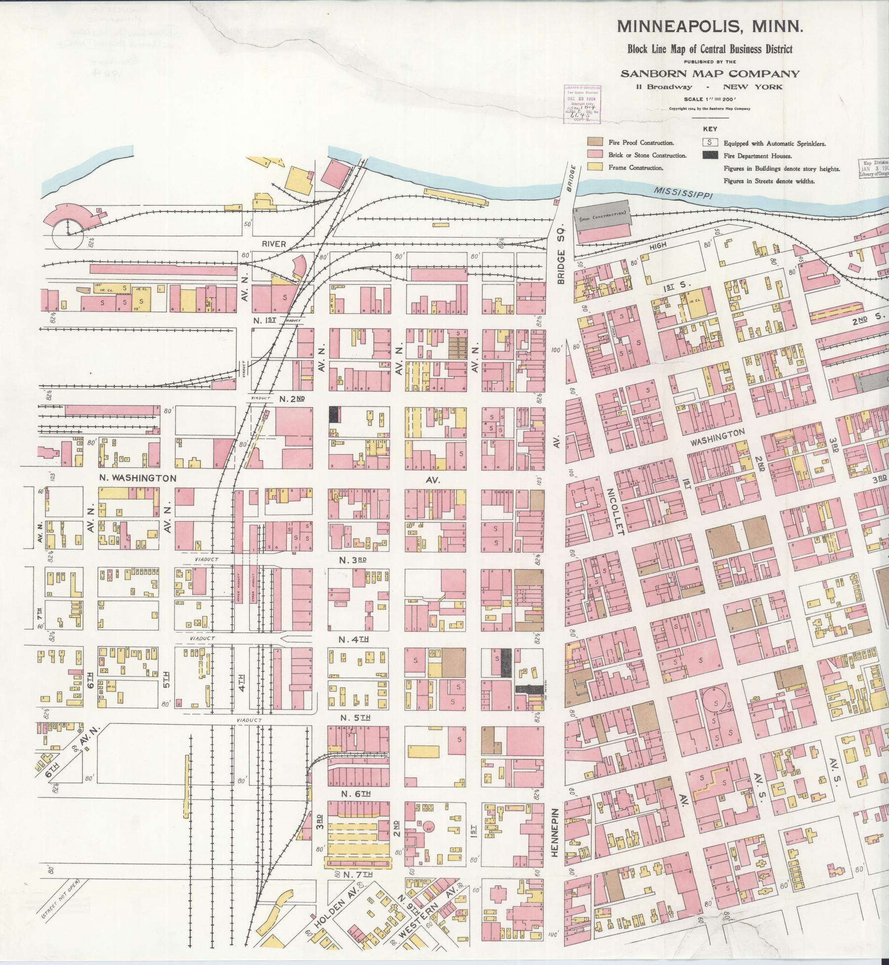 Sanborn Fire Insurance Map from Minneapolis, Hennepin County, Minnesota (1904), Sheet #0001 - Historic Sanborn Fire Insurance Map Print, vintage old map wall art, antique decor, genealogy gift, Minnesota Minnesota map