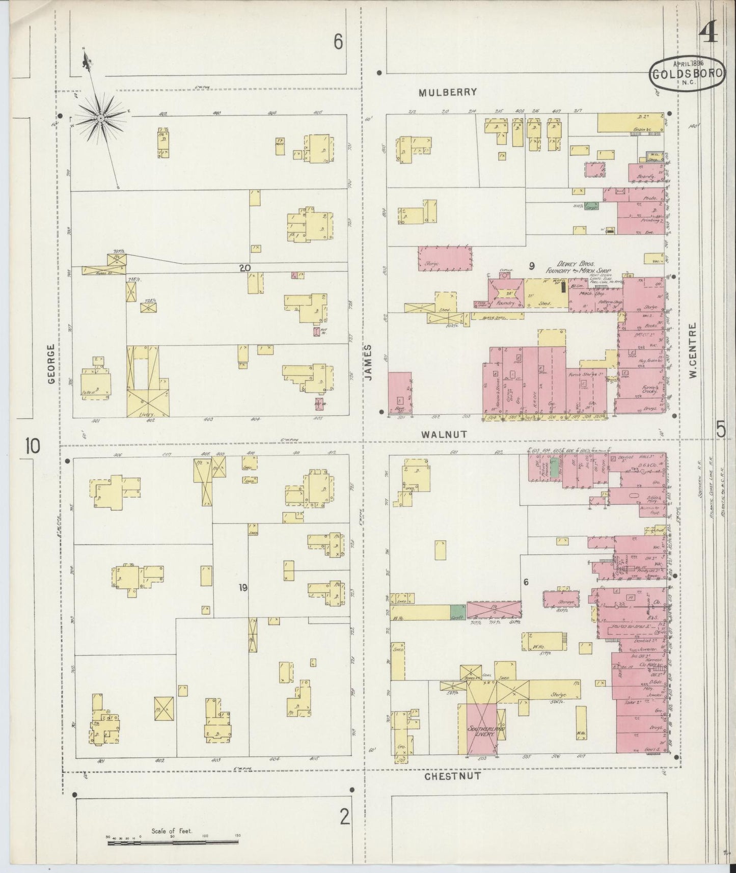 Sanborn Fire Insurance Map from Goldsboro, Wayne County, North Carolina (1896), Sheet #0004 - Complete Map Set gallery image, historic Sanborn map, vintage wall art, North Carolina North Carolina