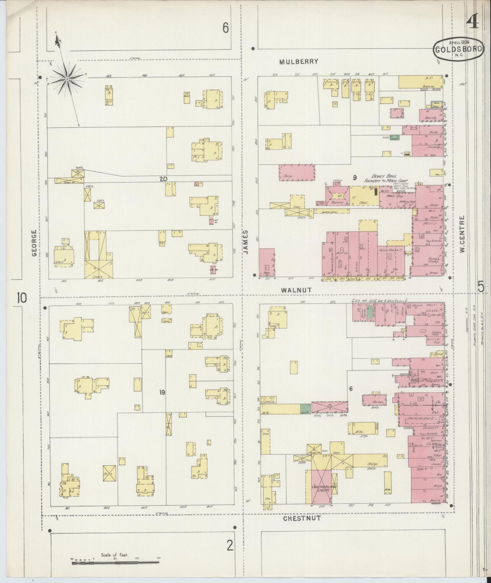 Sanborn Fire Insurance Map from Goldsboro, Wayne County, North Carolina (1896), Sheet #0004 - Complete Map Set gallery image, historic Sanborn map, vintage wall art, North Carolina North Carolina