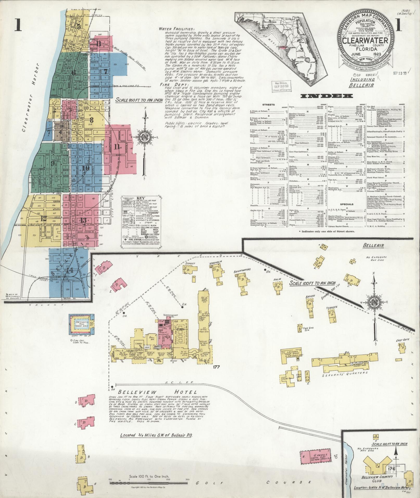Sanborn Fire Insurance Map from Clearwater, Pinellas County, Florida (1923), Sheet #0001 - Complete Map Set gallery image, historic Sanborn map, vintage wall art, Florida Florida