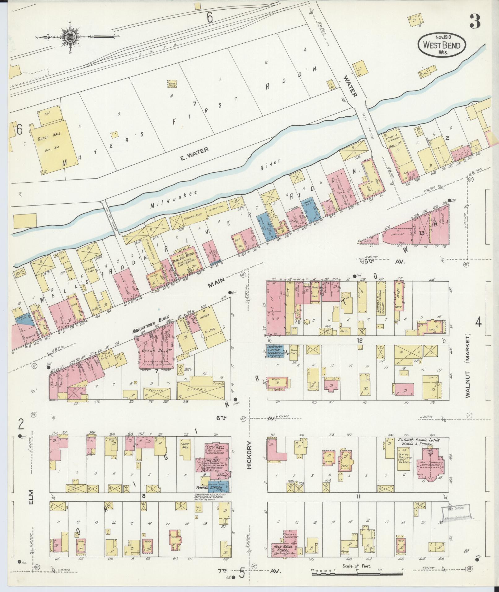 Sanborn Fire Insurance Map from West Bend, Washington County, Wisconsin (1910), Sheet #0003 - Complete Map Set gallery image, historic Sanborn map, vintage wall art, Wisconsin Wisconsin