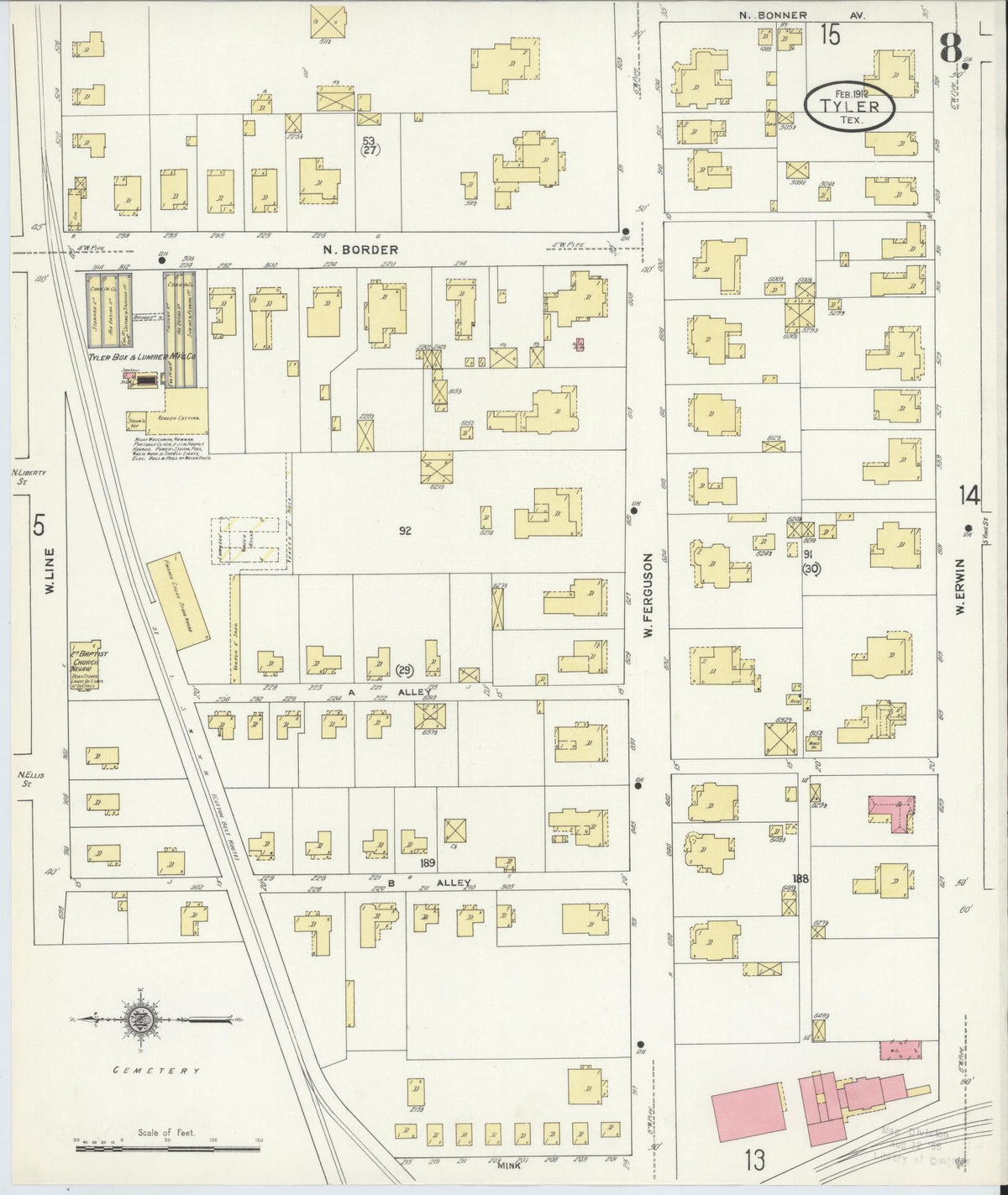 Sanborn Fire Insurance Map from Tyler, Smith County, Texas (1912), Sheet #0008 - Historic Sanborn Fire Insurance Map Print, vintage old map wall art, antique decor, genealogy gift, Texas Texas map