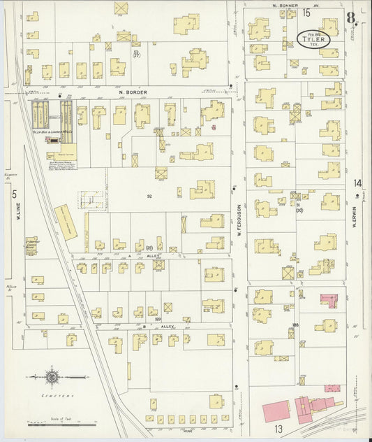 Sanborn Fire Insurance Map from Tyler, Smith County, Texas (1912), Sheet #0008 - Historic Sanborn Fire Insurance Map Print, vintage old map wall art, antique decor, genealogy gift, Texas Texas map