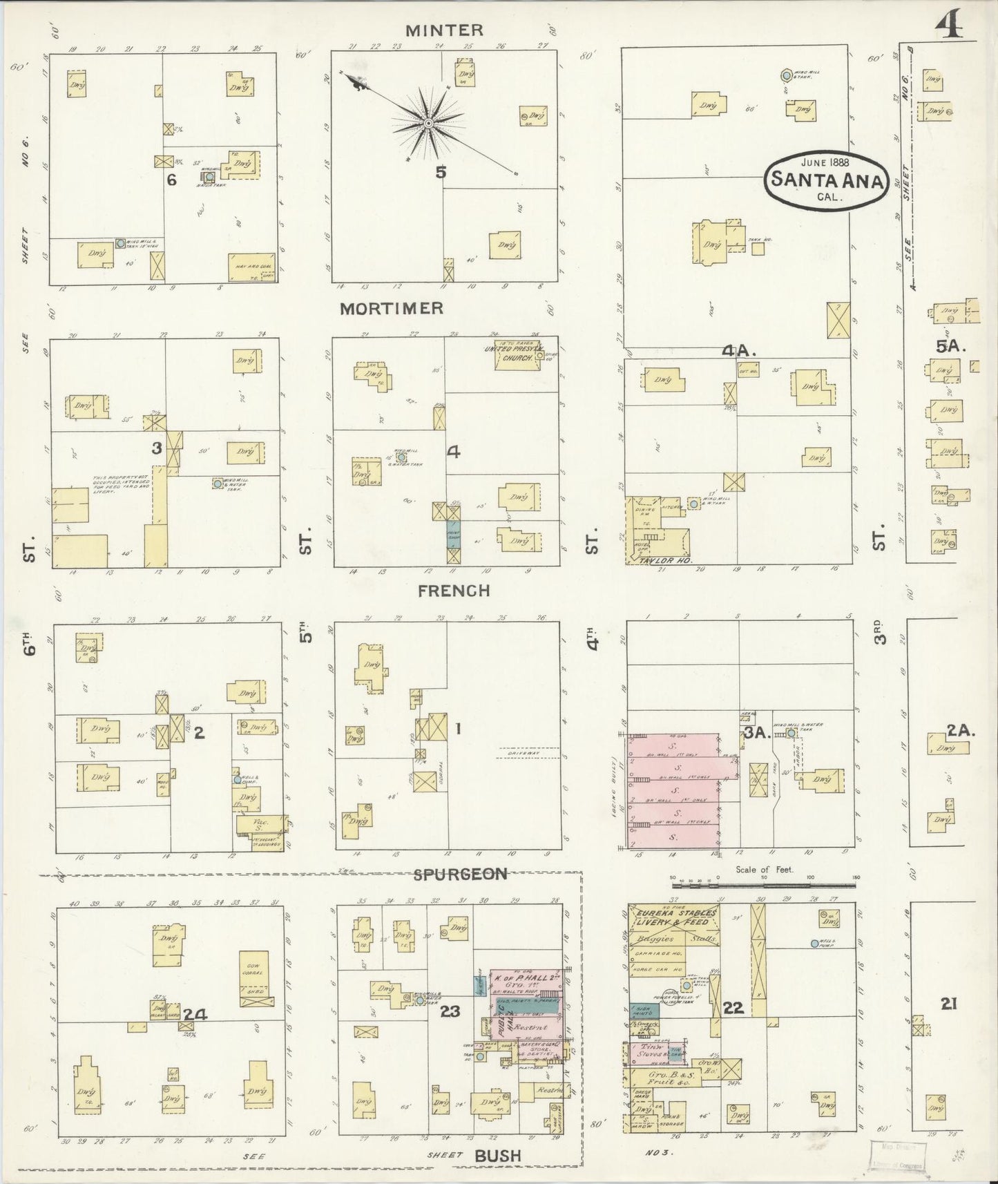 Sanborn Fire Insurance Map from Santa Ana, Orange County, California (1888), Sheet #0004 - Complete Map Set gallery image, historic Sanborn map, vintage wall art, California California