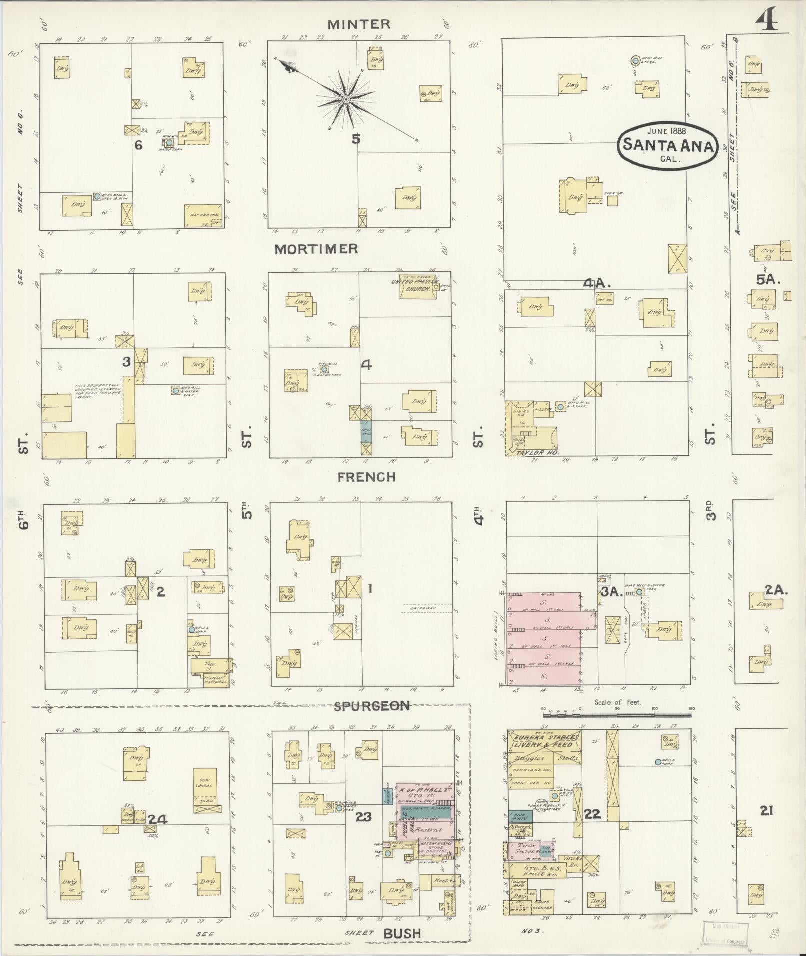 Sanborn Fire Insurance Map from Santa Ana, Orange County, California (1888), Sheet #0004 - Complete Map Set gallery image, historic Sanborn map, vintage wall art, California California