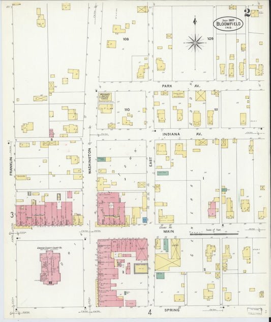 Sanborn Fire Insurance Map from Bloomfield, Greene County, Indiana (1907), Sheet #0002 - Historic Sanborn Fire Insurance Map Print, vintage old map wall art, antique decor, genealogy gift, Indiana Indiana map